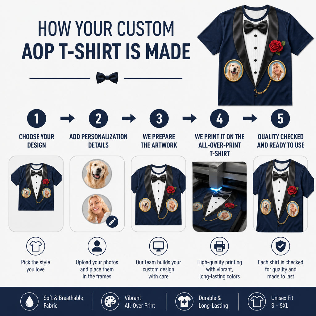 Custom Face Tuxedo Cameo AOP T‑Shirt - How to customize