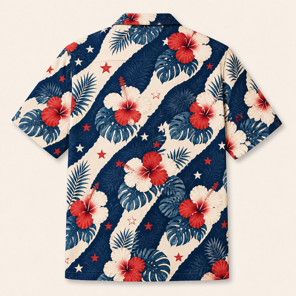 Custom Pet Face Patriotic Hibiscus Hawaiian Shirt - Back view