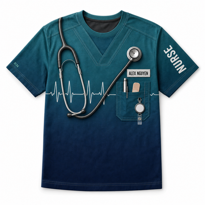 Personalized Nurse Scrubs AOP T‑Shirt with Name Patch - Personalized T-Shirt - All Over Printed 035da6b6-afeb-4e32-83f8-523ef6eca2de.png
