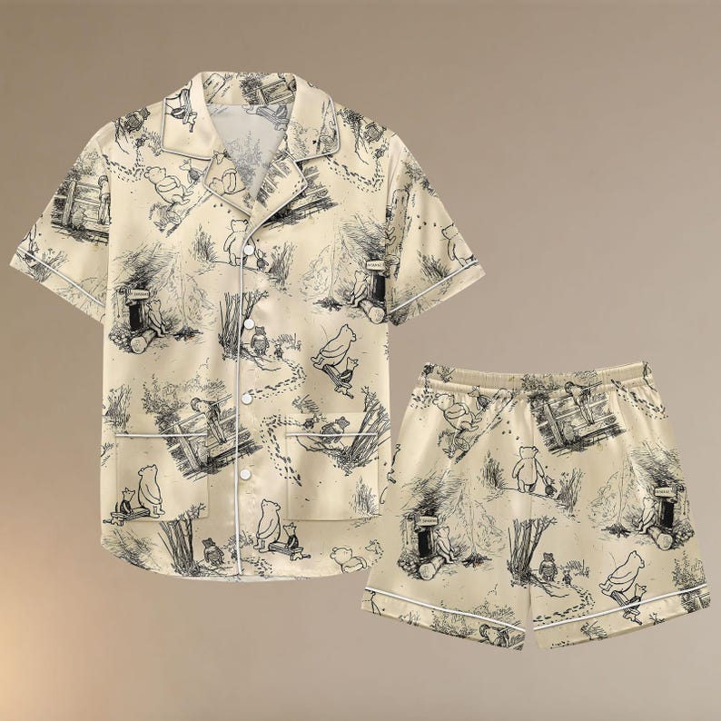 Vintage Pooh Satin Pajama Set for Women, Aesthetic Sketch Print Sleepwear, Cute Classic Pajamas, Cozy Gift for Her 0410df8f-00be-4cc8-8fa6-828749938387-m5.jpg