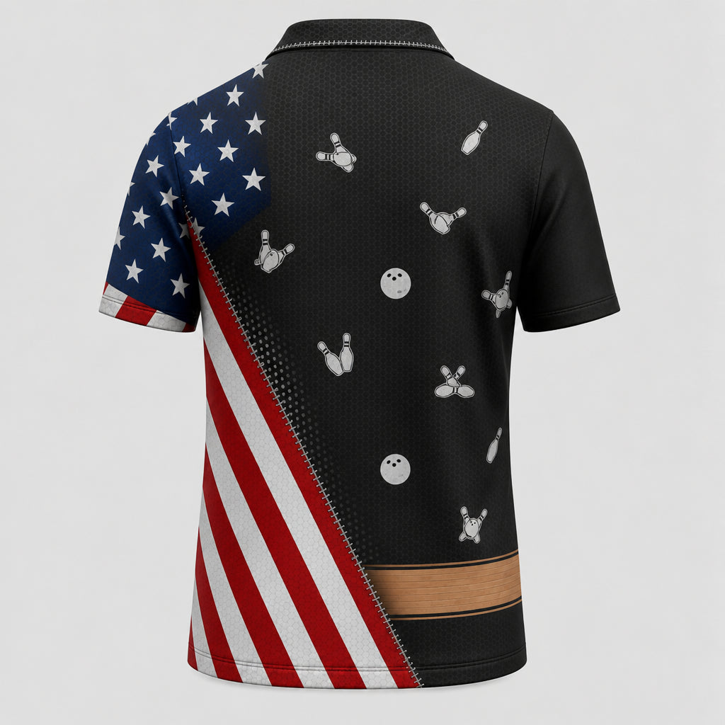 Personalized Stars, Stripes & Strikes Bowling Polo Shirt – Custom Name, All-Over Print