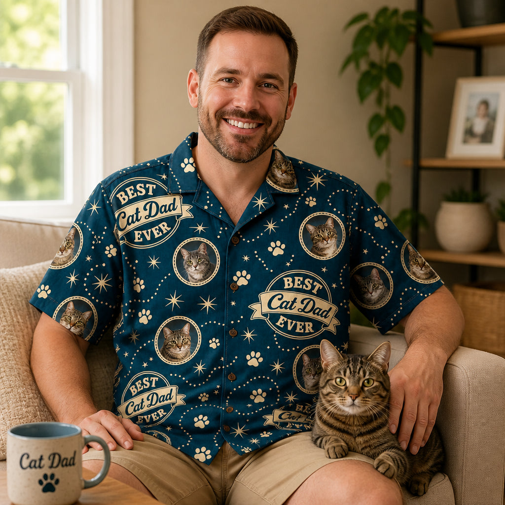 Best Cat Dad Ever – Pet Photo Hawaiian Shirt (AOP) - Lifestyle 1