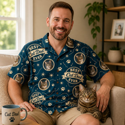 Best Cat Dad Ever – Pet Photo Hawaiian Shirt (AOP) - Lifestyle 1