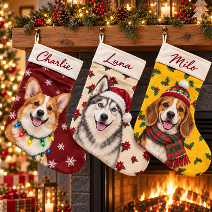 Christmas Gift For Dog Lovers - Personalized Custom Photo & Name Pet Dog Portrait With Holly Snowflake Poinsettia Christmas Stocking 06048ebe-f147-46bc-b29b-ea7040dd61ee-4.png
