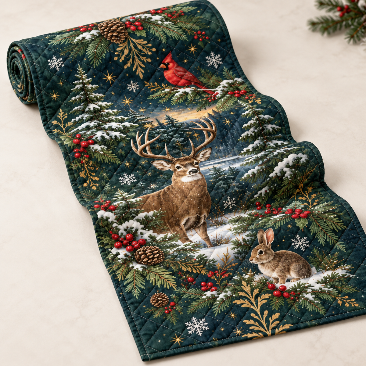 Quilted Woodland Christmas Table Runner, Deer, Cardinal & Rabbit Holiday Design, Rustic Winter Dining Table Decor 06ac81ba-ffb3-471a-8961-3df35ae3b508-Kh-n-tr-i-b-n-r-ng-tuy-t-xanh-m-3.png