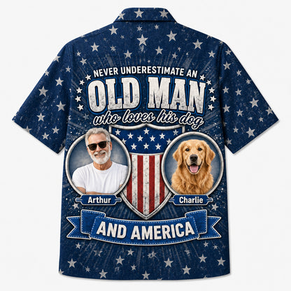 Old Man Dog Lover Patriotic Photo Hawaiian Shirt - Back view