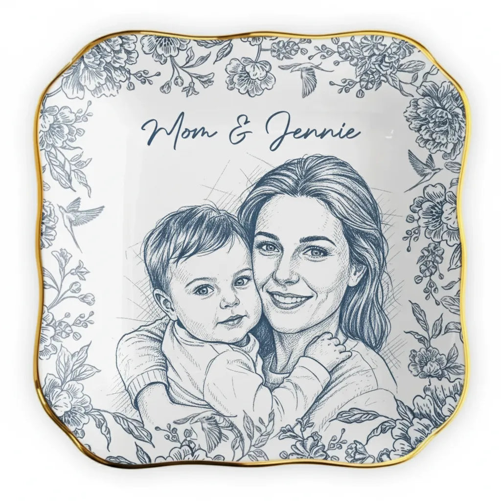 Custom Photo Pencil Sketch Loving Couple Family Pet - Personalized Ring Dish