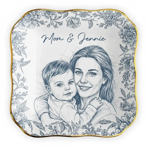 Custom Photo Pencil Sketch Loving Couple Family Pet - Personalized Ring Dish