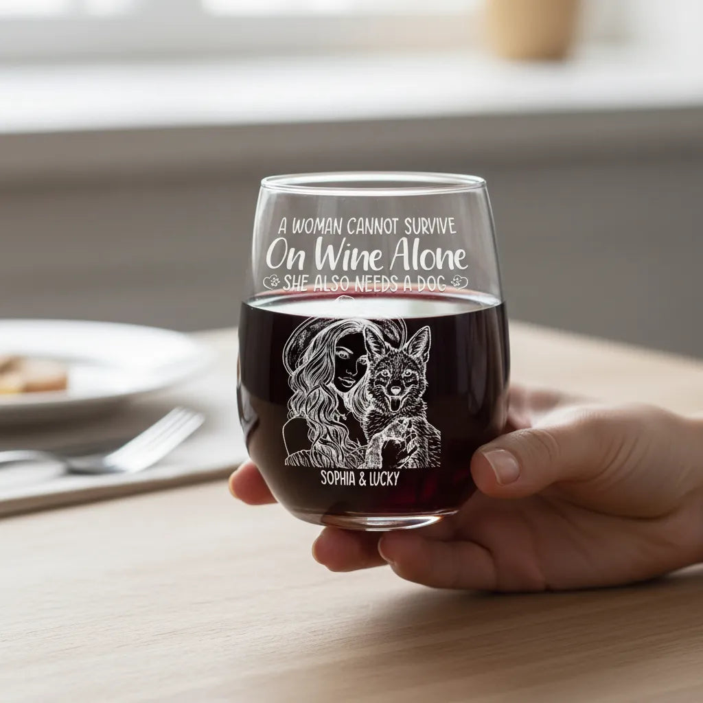 Custom Photo Pencil Sketch Pet Portrait A Woman & Her Dog - Personalized Stemless Wine Glass