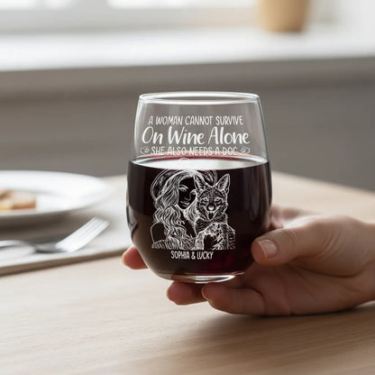 Custom Photo Pencil Sketch Pet Portrait A Woman & Her Dog - Personalized Stemless Wine Glass
