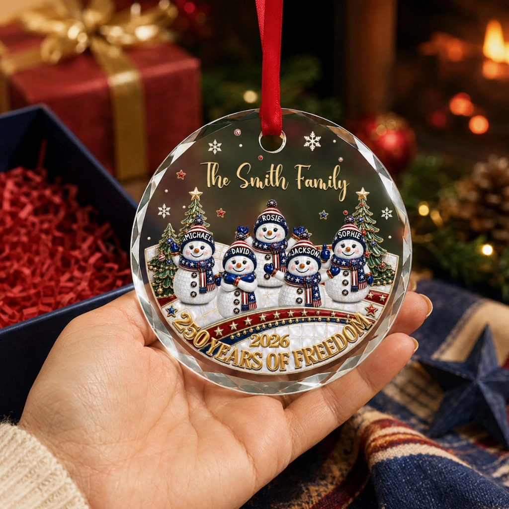 Personalized Family Christmas Glass Ornament, Custom Name Snowman Family Keepsake, 250 Years of Freedom Patriotic Ornament 2026, Christmas Gift for Family 07df37a1-b2ff-49d4-b143-f24829a791aa-banner-5.png