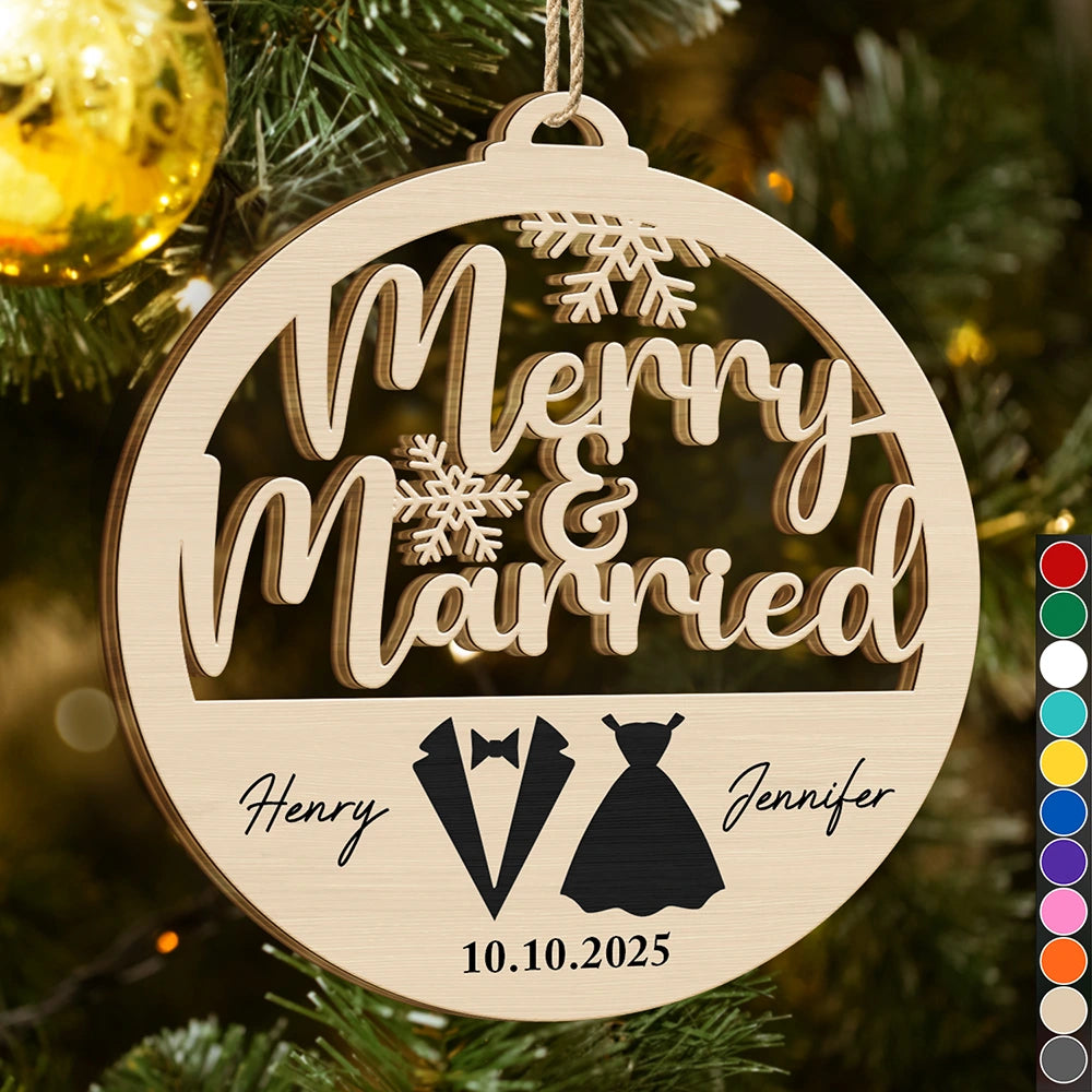 First Christmas Couple Merry & Married - Personalized Custom Shaped Wooden Ornament 08d21e53-7140-4432-9294-6b98d70c7ccf-AT1754-CIN3607-MK-DEF.jfif