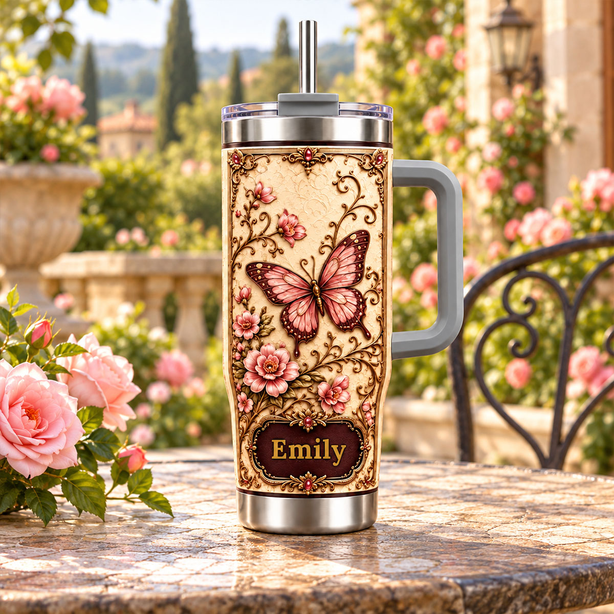 Pink Butterfly Tumbler with Handle - Personalized Floral 40oz Tumbler 0986f041-1dce-4dfc-8a6a-745d70f26788-4.jpg