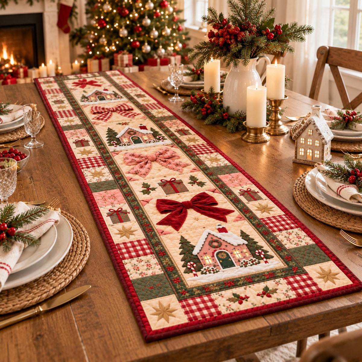 Christmas Quilt-Style Table Runner, Gingerbread House, Red Bow Holiday Decor 0bbeec2d-f5d8-484a-8550-fb690d1fef16-3.jpg