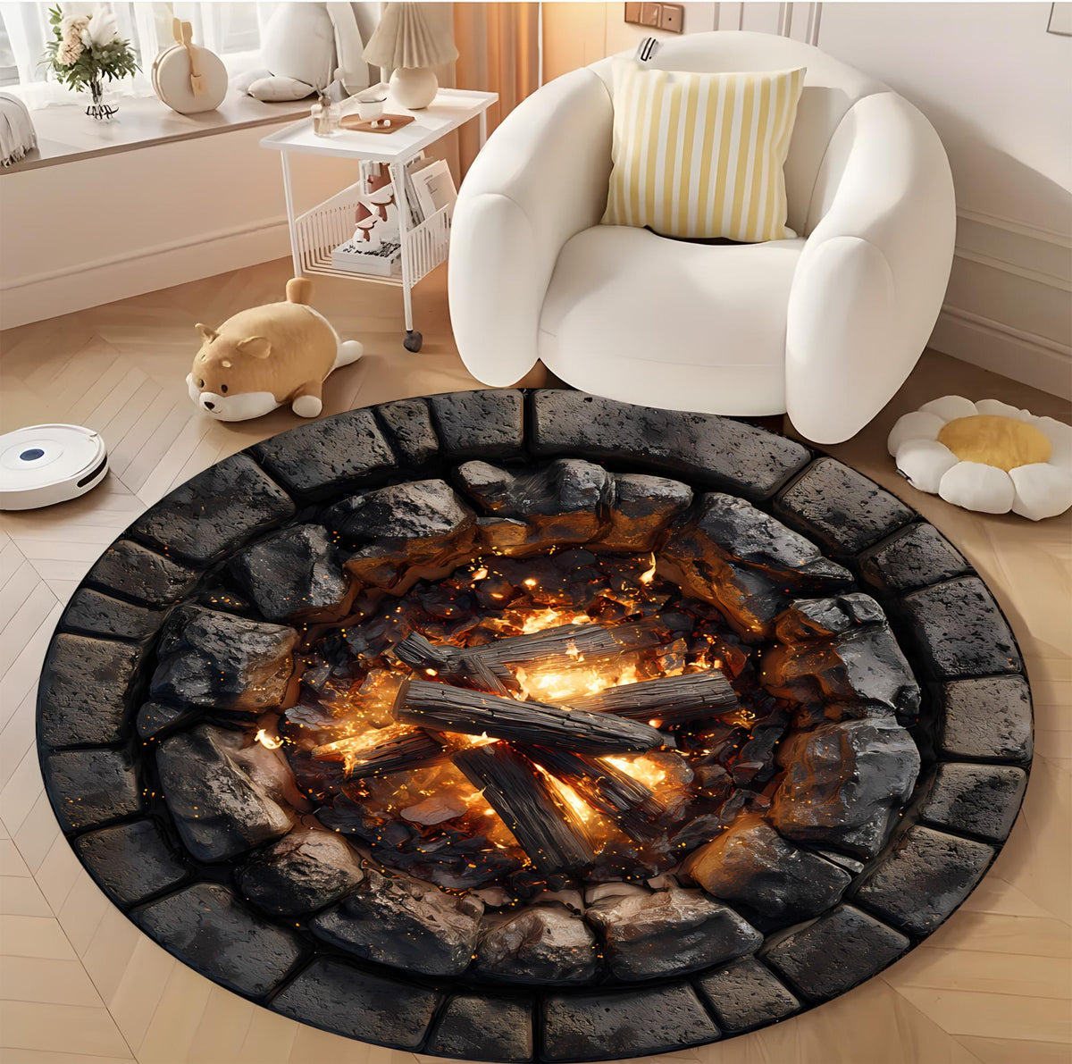 Round Campfire Rug for Living Room, 3D Fire Pit Floor Mat with Stone Print, Cozy Cabin Decor Accent for Rustic and Nature-Inspired Homes 0bf8b707-c770-4fd0-b865-c2b32a44268c-3.jpg