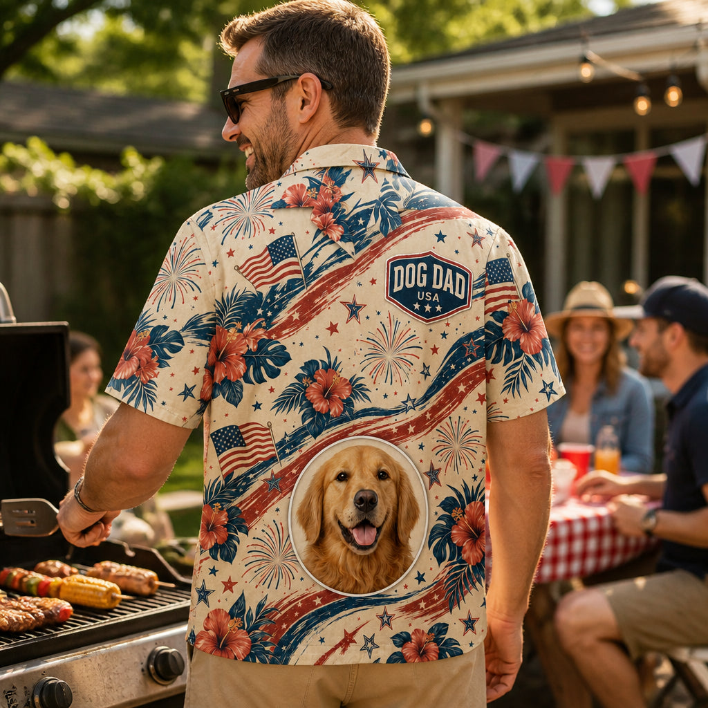 Patriotic Dog Dad Hawaiian Shirt — Custom Pet Photo - Lifestyle 2