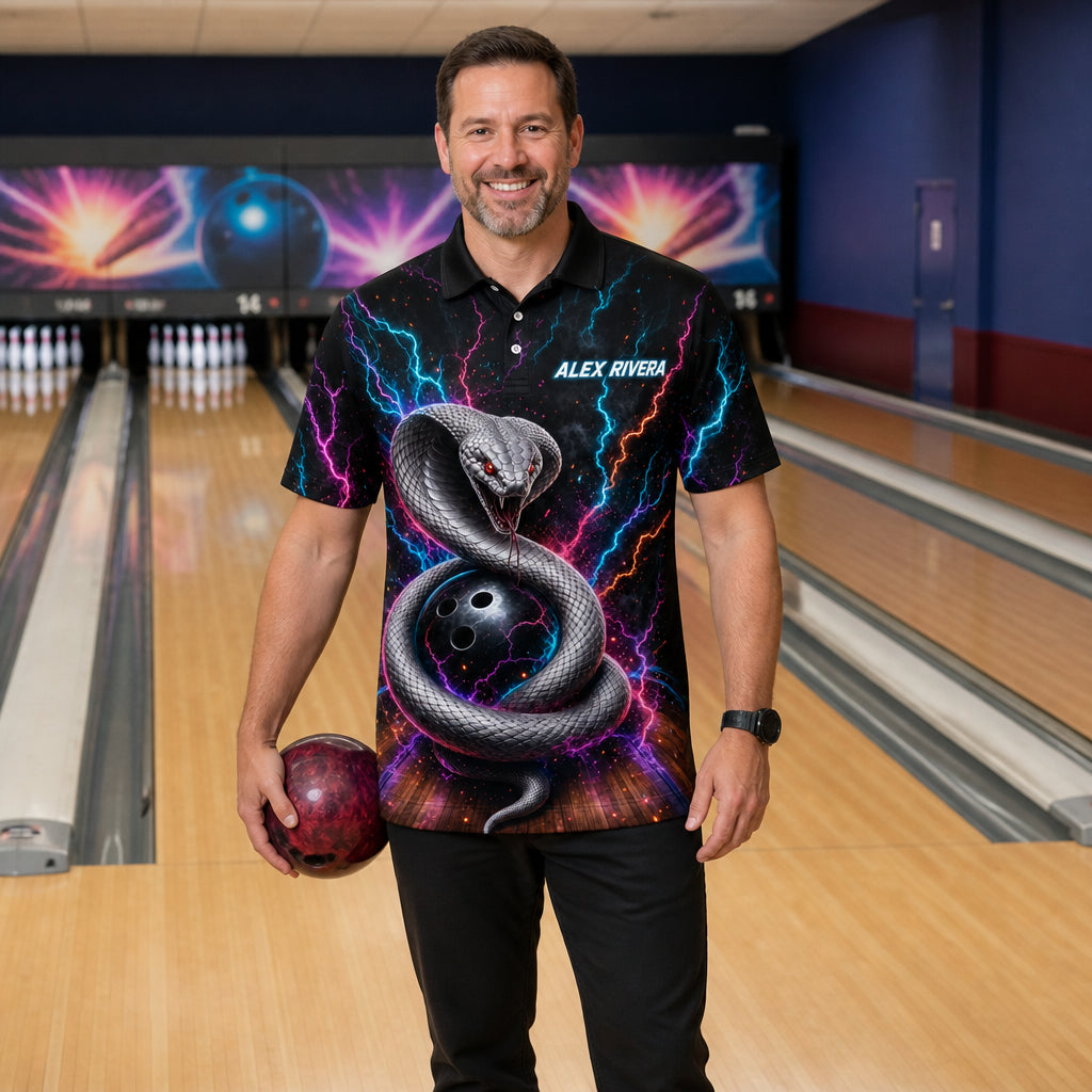 Personalized Strike Like a Snake Bowling Polo Shirt – Custom Name, All-Over Print