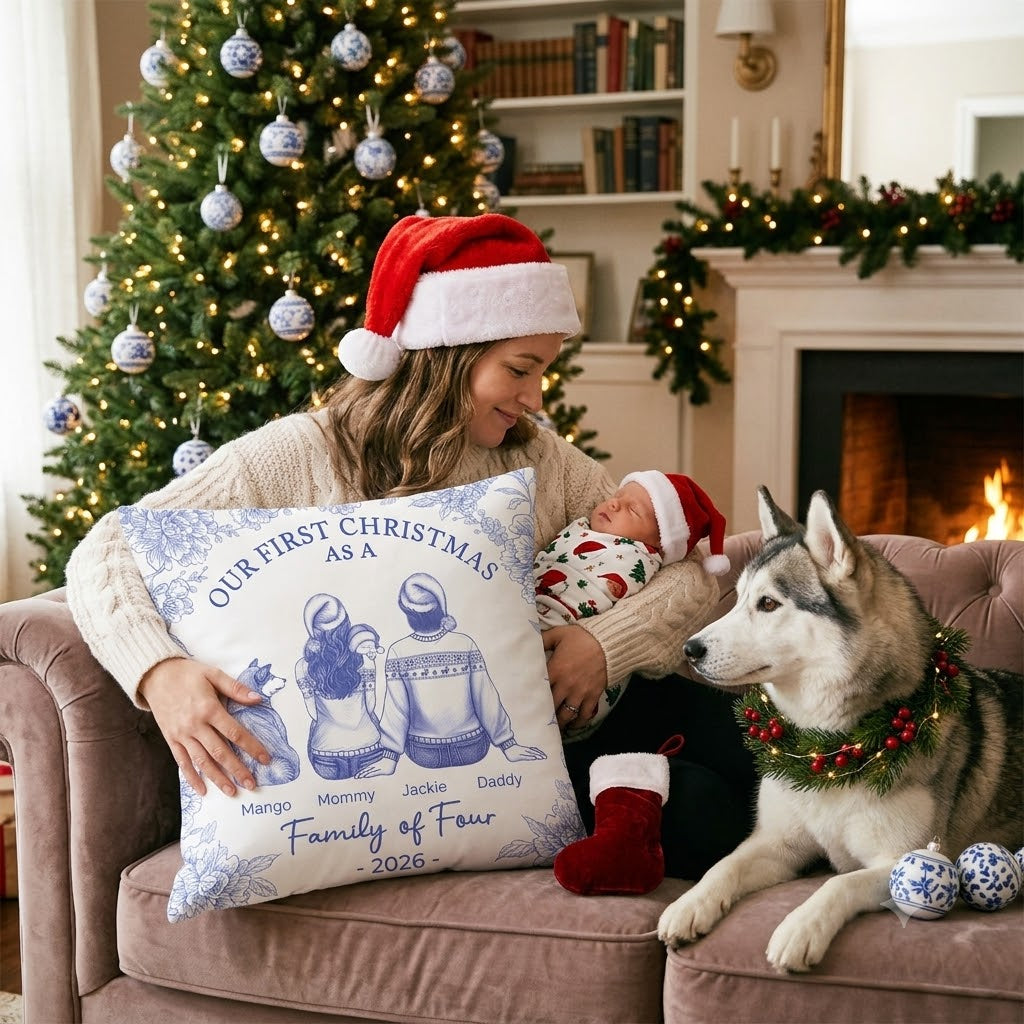 First Christmas As A Family Of Four New Parents Toile - Personalized Pillow