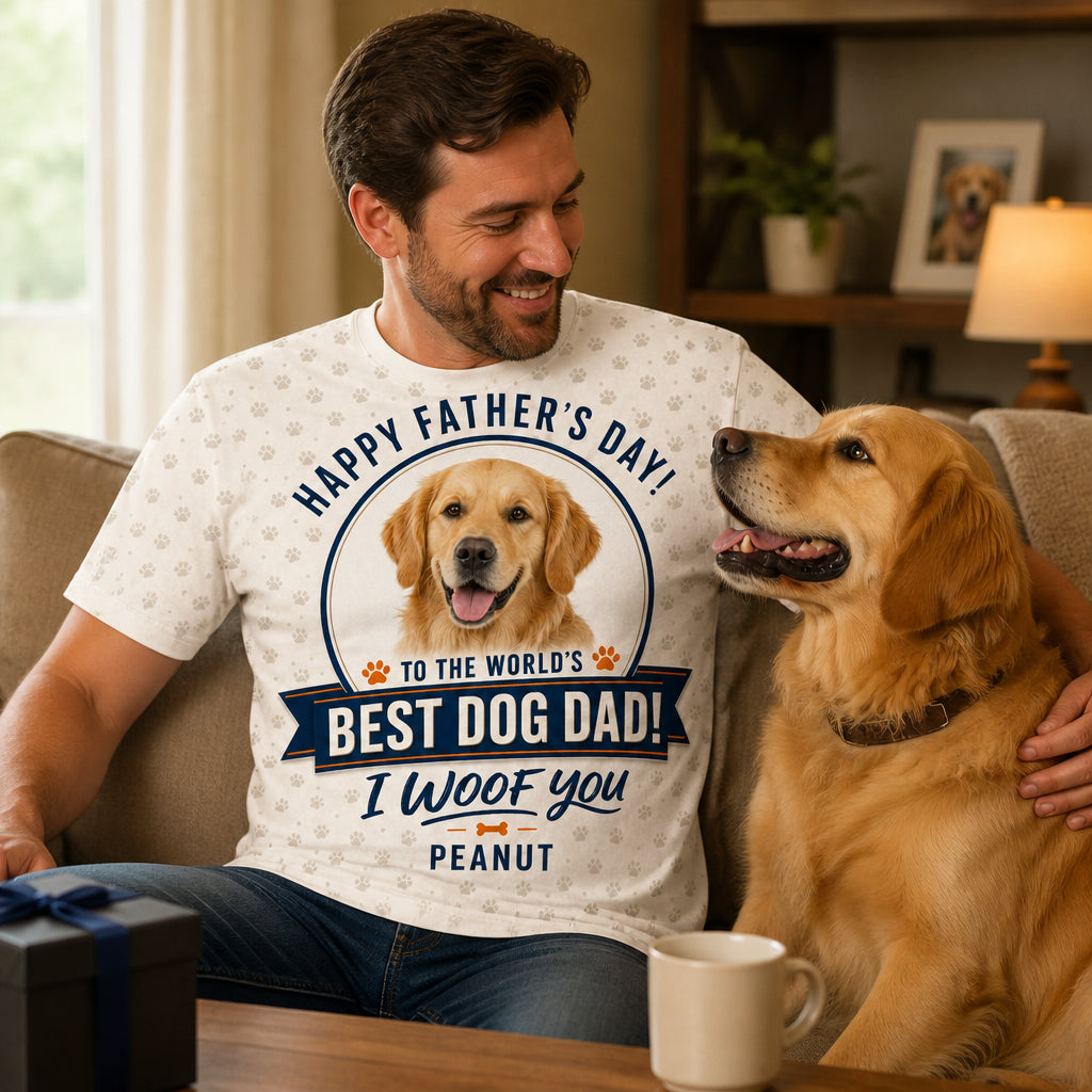 World's Best Dog Dad - Photo & Name AOP Tee - Lifestyle 2