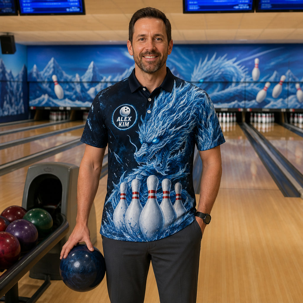 Personalized Ice Dragon Bowling Polo Shirt – Custom Name, All-Over Print