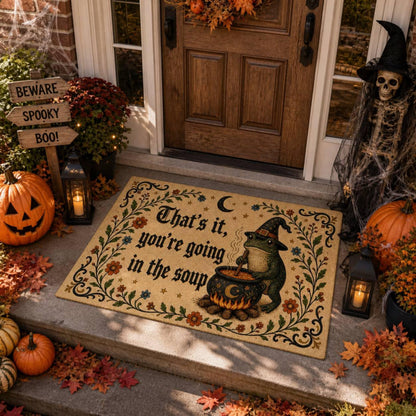 Printed Halloween Fabric Doormat with Witch Frog, Cauldron and Soup Meme Quote 1305989e-0668-4131-87ad-07321b2cff11-1.jpg