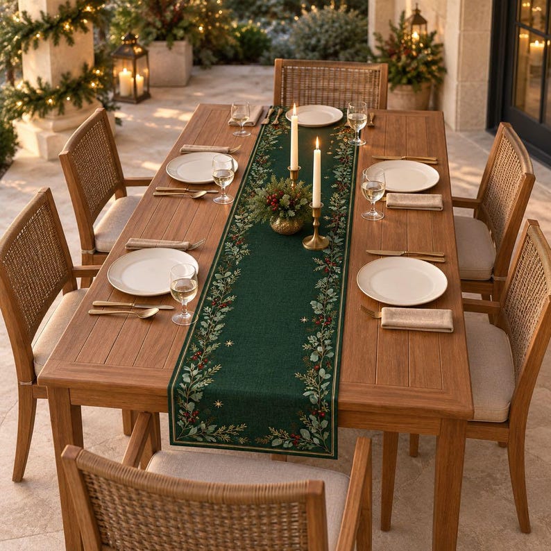 Dark Green Botanical Christmas Table Runner, Faux Linen Evergreen Table Decor, Rustic Holiday Dining Room Accent 13d8e47e-bb81-4990-a8ad-f803f845db59-a6.jpg