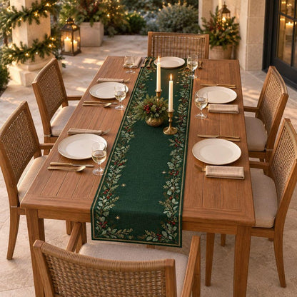 Dark Green Botanical Christmas Table Runner, Faux Linen Evergreen Table Decor, Rustic Holiday Dining Room Accent 13d8e47e-bb81-4990-a8ad-f803f845db59-a6.jpg