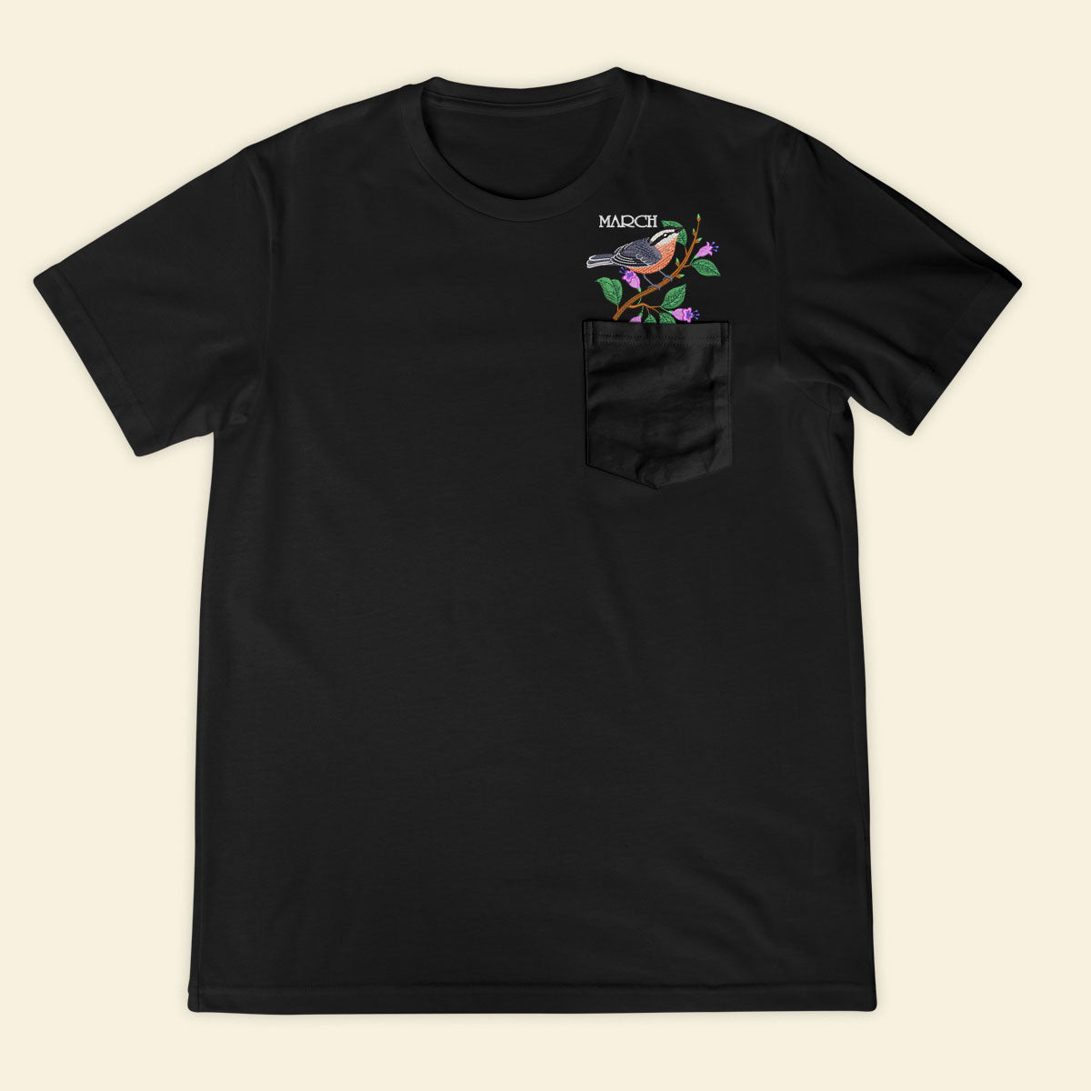 Embroidery Birthmonth March Bird Pocket T-shirt - Birthday Gift Tee 1689148774563.jpg