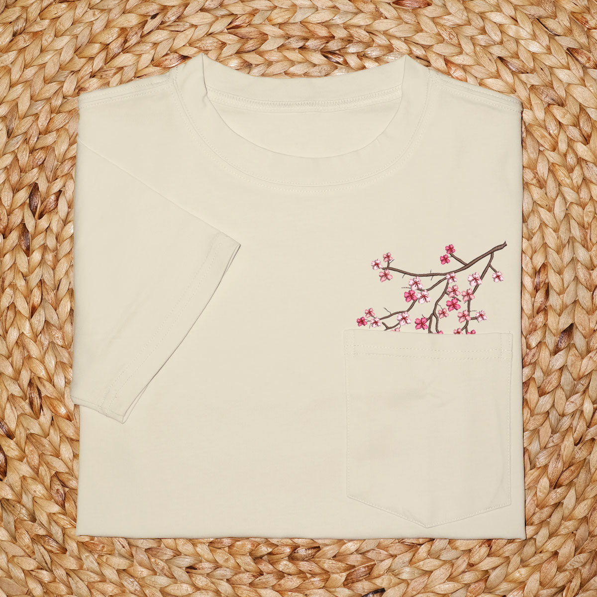 Embroidery Cherry Blossom Pocket T-shirt 1689321999420.jpg