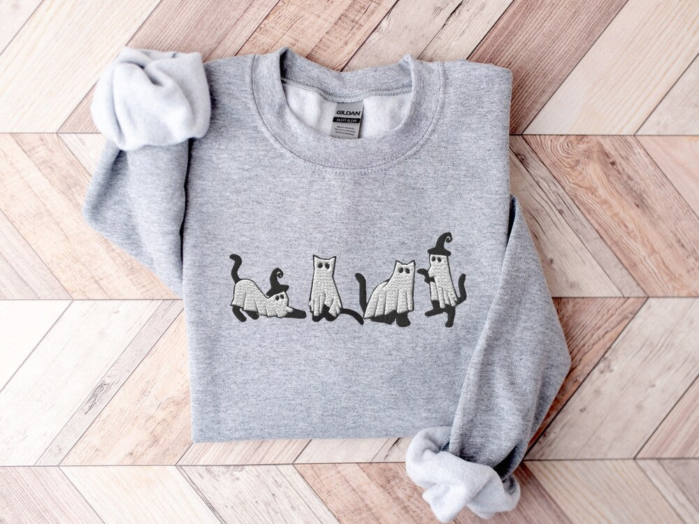 Embroidered Cat Halloween Sweatshirt Ghost Cat Shirt Halloween Sweater Halloween Shirt Cat Lover Shirt Black Cat Shirt Spooky Season 1694683044466.jpg