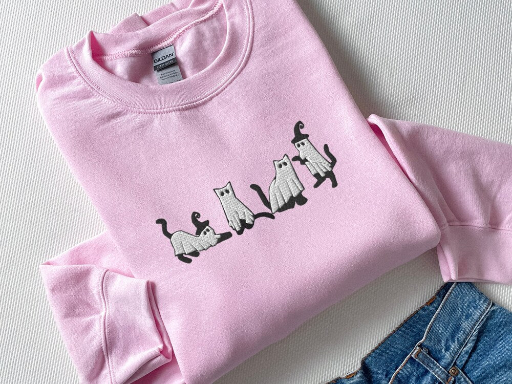 Embroidered Cat Halloween Sweatshirt Ghost Cat Shirt Halloween Sweater Halloween Shirt Cat Lover Shirt Black Cat Shirt Spooky Season 1694683045027.jpg