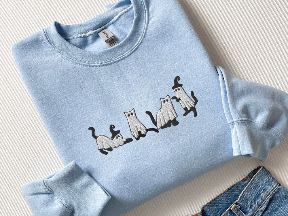 Embroidered Cat Halloween Sweatshirt Ghost Cat Shirt Halloween Sweater Halloween Shirt Cat Lover Shirt Black Cat Shirt Spooky Season 1694683045037.jpg