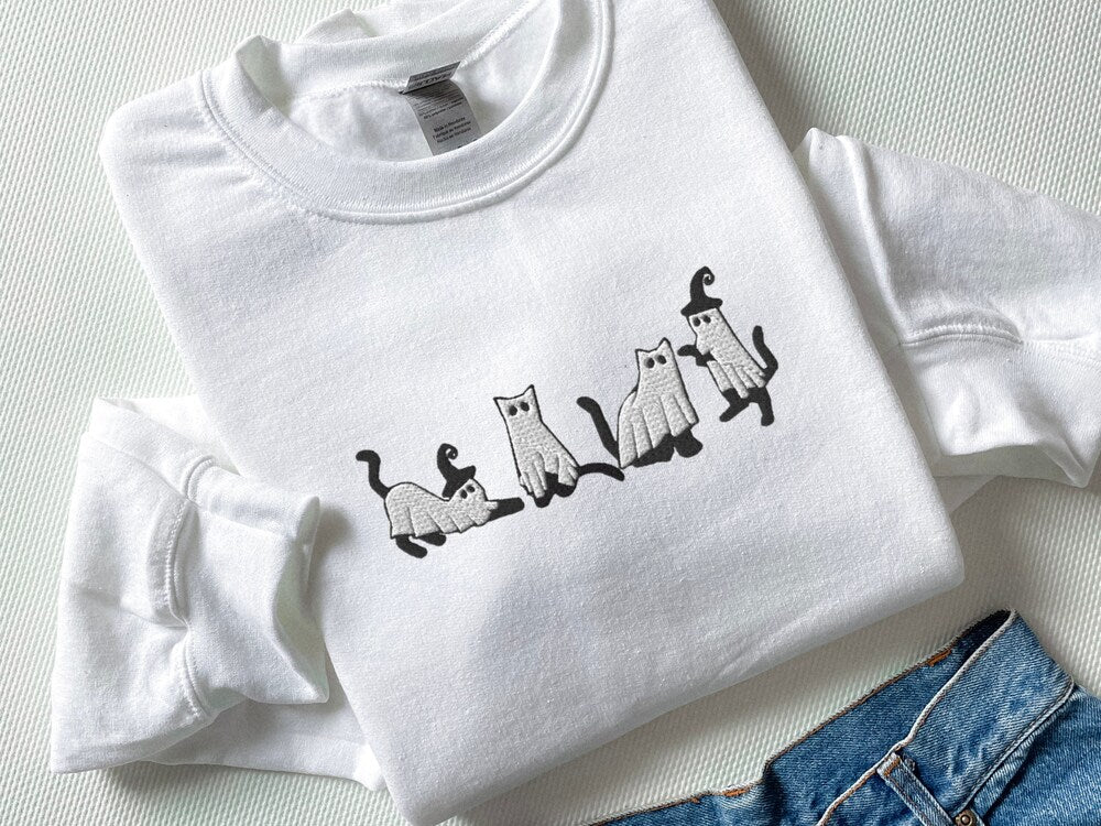 Embroidered Cat Halloween Sweatshirt Ghost Cat Shirt Halloween Sweater Halloween Shirt Cat Lover Shirt Black Cat Shirt Spooky Season 1694683045065.jpg