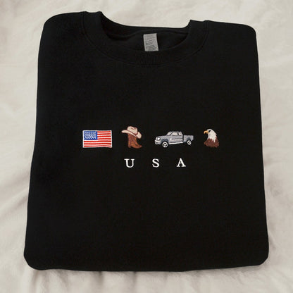 Usa Embroidery Sweatshirt United States America Crewneck Flag Cowboy Boots Cowboy Hat Cowgirl Truck Jeep Eagle Patriot July 4th 1716953870209.jpg