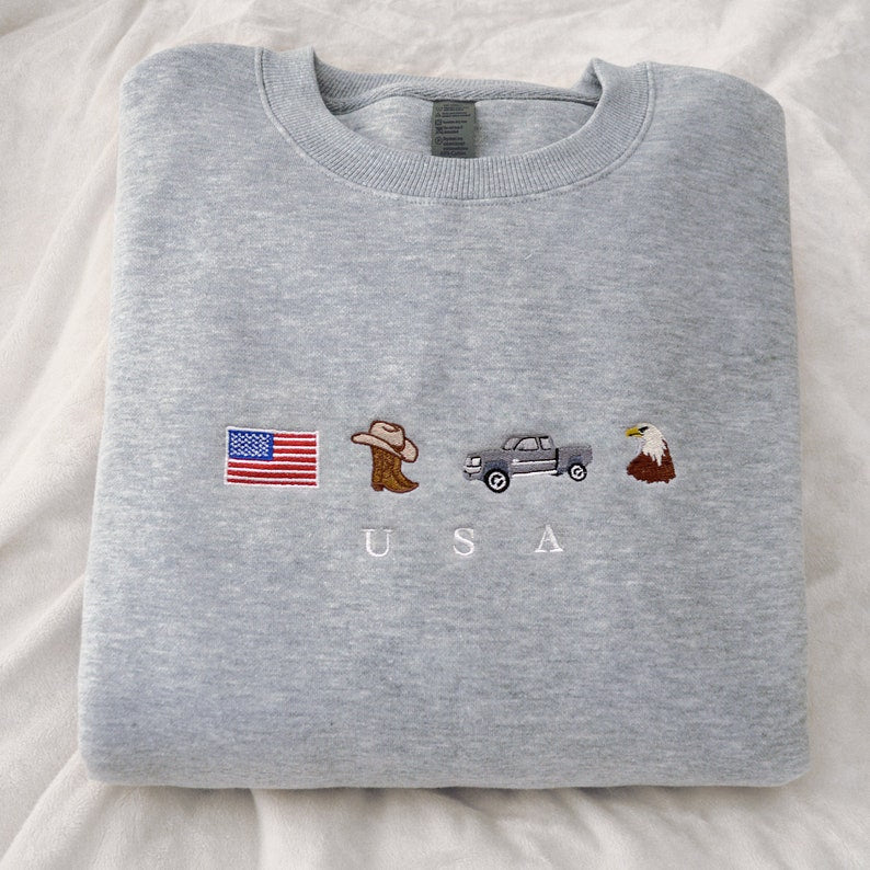 Usa Embroidery Sweatshirt United States America Crewneck Flag Cowboy Boots Cowboy Hat Cowgirl Truck Jeep Eagle Patriot July 4th 1716953870355.jpg
