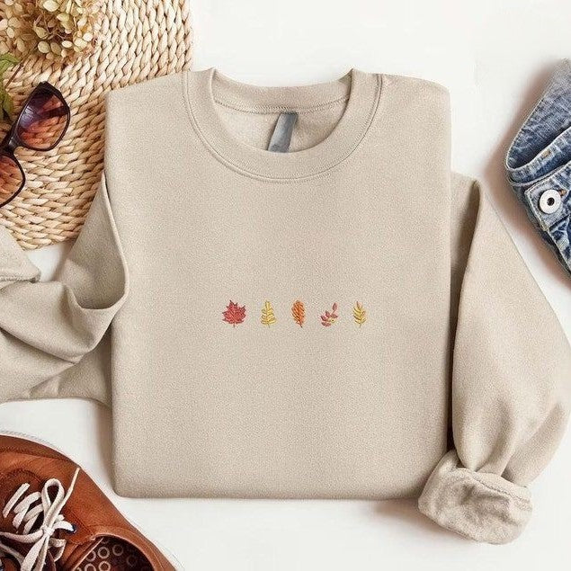 Embroidered Fall Sweatshirtwomens Fall Sweaterautumn Clothingfall Season Shirt Embroidery Sweater With Fall Leaves Embroidered Crewneck 1721718848843.jpg