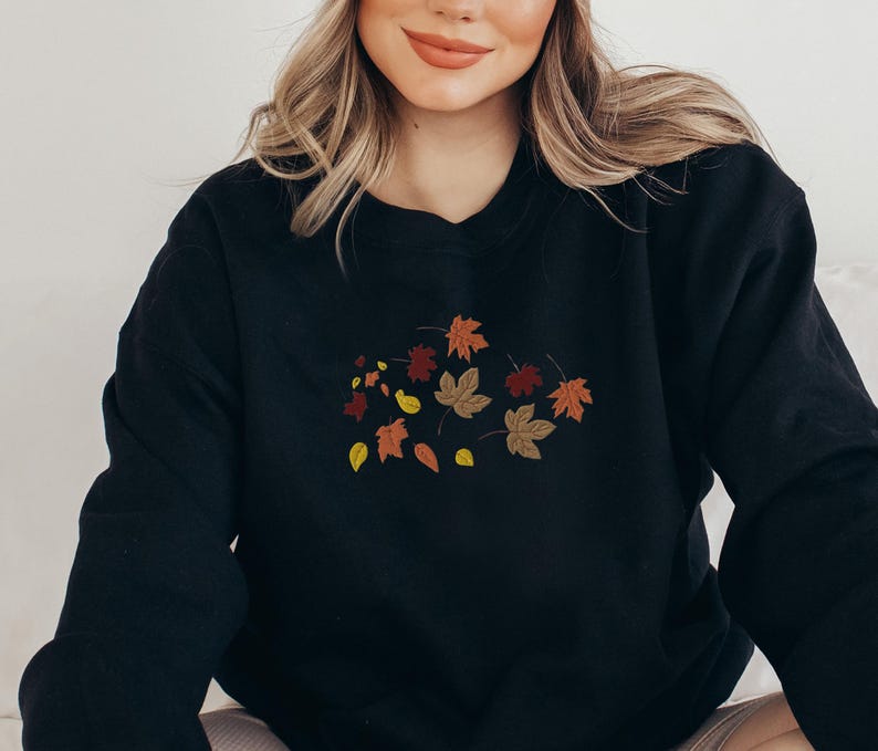 Embroidered Fall Leaves Crewneck Cute Fall Foliage Sweatshirt Autumn Leaves Embroidery Pullover Sweater Cute Fall Shirt Falling Leaves 1721719646056.jpg