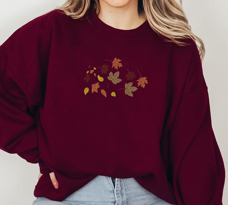 Embroidered Fall Leaves Crewneck Cute Fall Foliage Sweatshirt Autumn Leaves Embroidery Pullover Sweater Cute Fall Shirt Falling Leaves 1721719646192.jpg