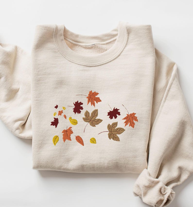 Embroidered Fall Leaves Crewneck Cute Fall Foliage Sweatshirt Autumn Leaves Embroidery Pullover Sweater Cute Fall Shirt Falling Leaves 1721719646271.jpg