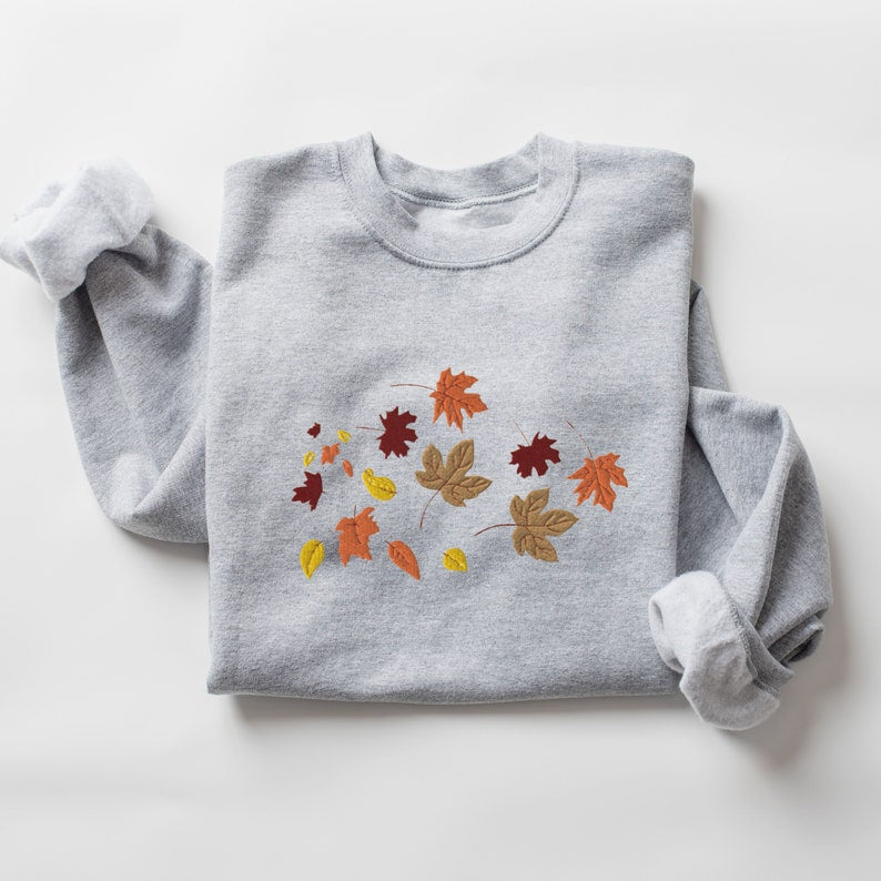 Embroidered Fall Leaves Crewneck Cute Fall Foliage Sweatshirt Autumn Leaves Embroidery Pullover Sweater Cute Fall Shirt Falling Leaves 1721719646280.jpg