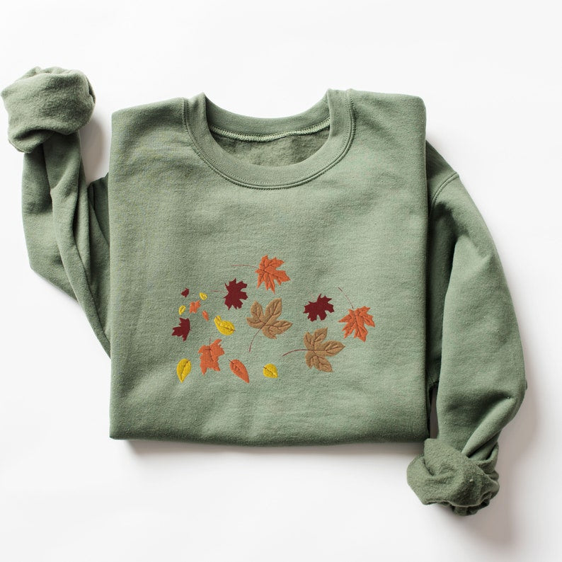 Embroidered Fall Leaves Crewneck Cute Fall Foliage Sweatshirt Autumn Leaves Embroidery Pullover Sweater Cute Fall Shirt Falling Leaves 1721719646290.jpg