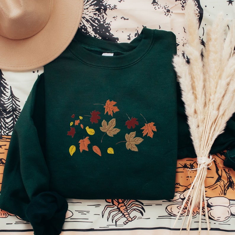 Embroidered Fall Leaves Crewneck Cute Fall Foliage Sweatshirt Autumn Leaves Embroidery Pullover Sweater Cute Fall Shirt Falling Leaves 1721719646323.jpg