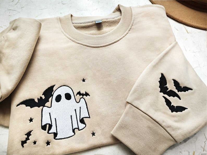 Ghost Embroidered Sweatshirt Little Ghost Bat Shirt Halloween Sweatshirt Halloween Embroidered Sweatshirt Ghost Sweatshirtspooky Season 1722911587992.jpg