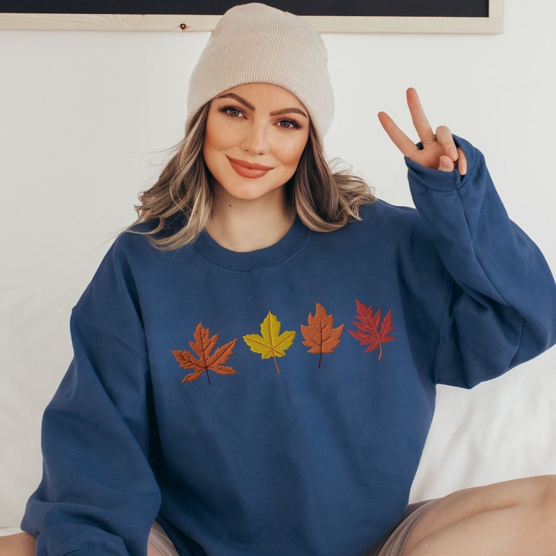Autumn Leaves Embroidered Sweatshirt Fall Crewneck Sweater Thanksgiving Pullover Fall Season Jumper Fall Breeze Autumn Sweater Gift 1722917007373.jpg