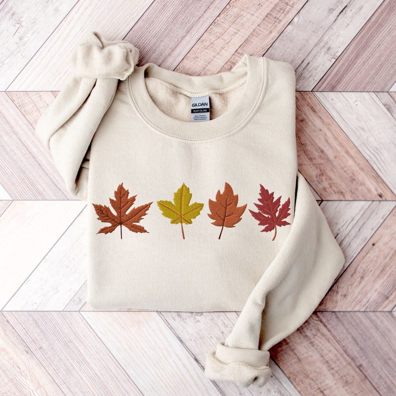 Autumn Leaves Embroidered Sweatshirt Fall Crewneck Sweater Thanksgiving Pullover Fall Season Jumper Fall Breeze Autumn Sweater Gift 1722917007438.jpg