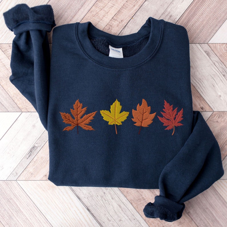Autumn Leaves Embroidered Sweatshirt Fall Crewneck Sweater Thanksgiving Pullover Fall Season Jumper Fall Breeze Autumn Sweater Gift 1722917007456.jpg