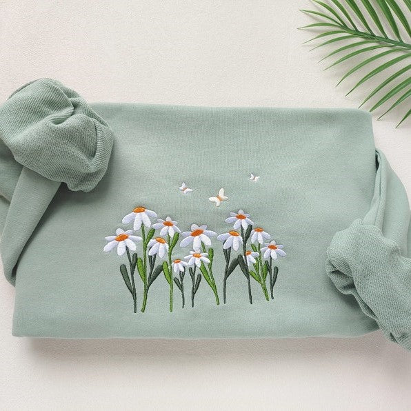 Daisies And Butterfly Embroidered Sweatshirt Butterfly Sweatshirtcrewneck Sweatshirtembroidery Patternsflower Embroidery Best Gift 1723000793231.jpg