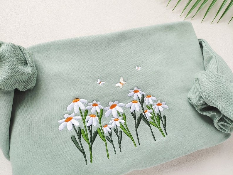 Daisies And Butterfly Embroidered Sweatshirt Butterfly Sweatshirtcrewneck Sweatshirtembroidery Patternsflower Embroidery Best Gift 1723000793811.jpg