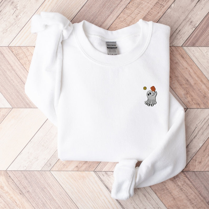 Embroidered Ghost Pickleball Sweatshirt Halloween Ghost Pickleball Sweater Ghost Playing Pickleball Crewneck Halloween Embroidery 1723694152461.jpg