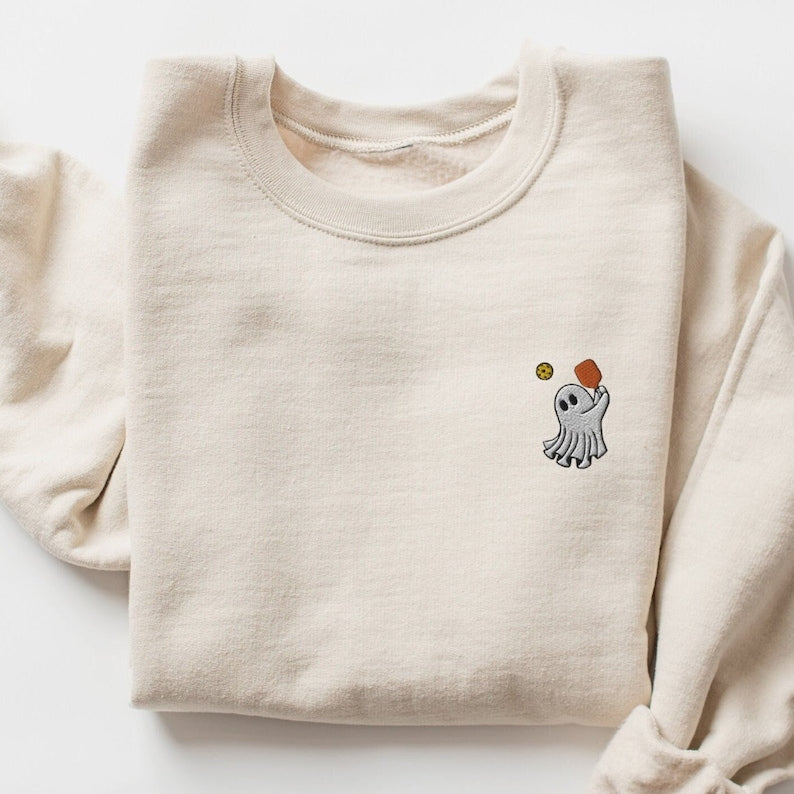 Embroidered Ghost Pickleball Sweatshirt Halloween Ghost Pickleball Sweater Ghost Playing Pickleball Crewneck Halloween Embroidery 1723694152544.jpg